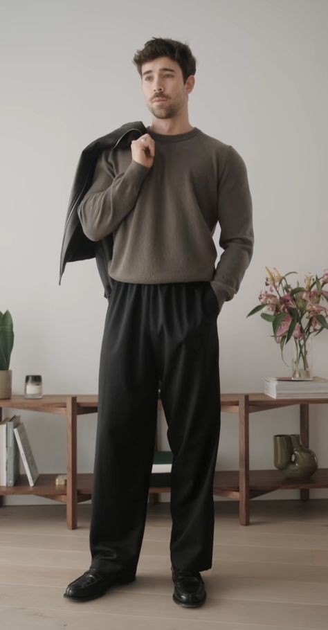 Therapist Outfit Men, Norm Core Outfits Men, Office Core Outfit Men, Oversized Pants Outfit Men, Therapist Aesthetic Outfit, Black Trousers Outfit Men, Daniel Simmons Outfit, Oppenheimer Outfit, Daniel Simmons