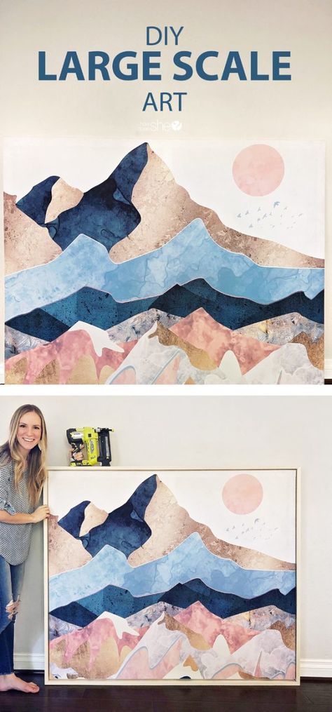 I love the look of giant canvas art, but they’re so expensive. Here’s a great tutorial of how to DIY one in a budget friendly way! Large Canvas Art Diy, Diy Large Wall Art, Large Scale Art, Diy Wand, Scale Art, Canvas For Beginners, Canvas Painting Diy, Large Canvas Art, Diy Decor Crafts