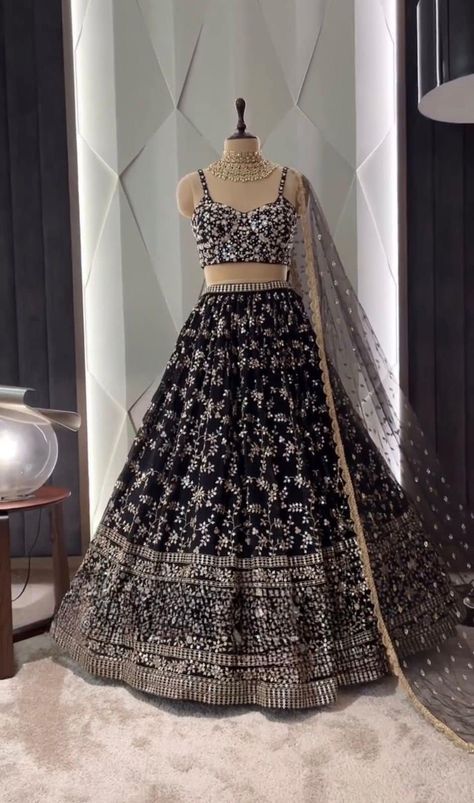 Black Lengha Choli, Black Lengha, Needle Work Embroidery, Indian Lengha, Lehenga Choli Designs, Cotton Lehenga, Trendy Outfits Indian, Black Lehenga, Sequence Embroidery