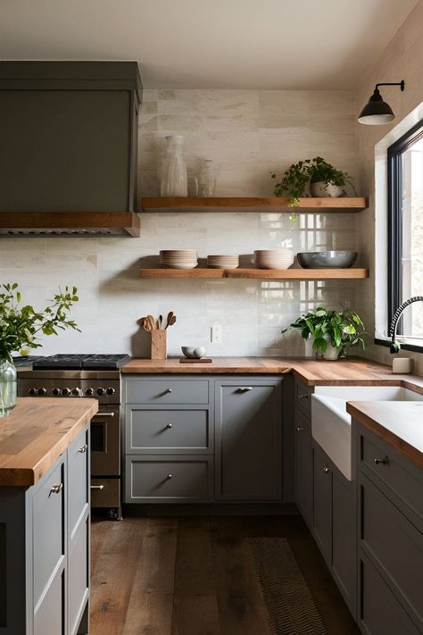 20 Stunning Kitchen Ideas with Grey Cabinets You Must See! Green Kitchen Cabinets Black Hardware, Green Kitchen Cabinets Paint Colors, Kitchen Cabinets Aesthetic, Green Kitchen Cabinets White Countertops, Green Kitchen Cabinets Black Countertop, Green Kitchen Cabinets Modern, Dark Grey Cabinets Kitchen, Kitchen Ideas With Grey Cabinets, Green Kitchen Cabinets Butcher Block