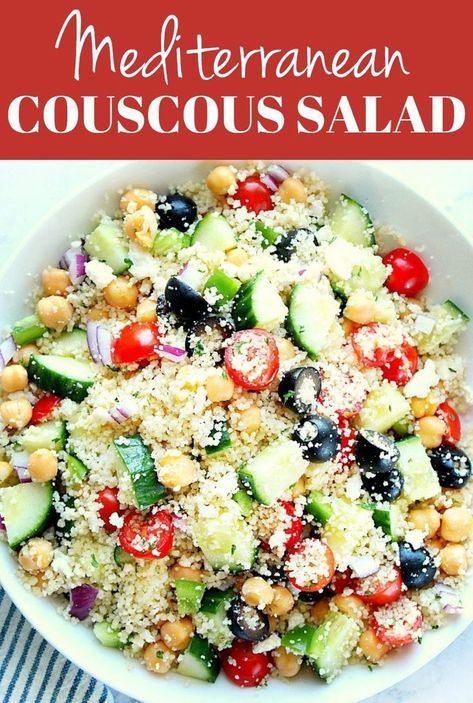 This Mediterranean Couscous Salad is a healthy and light option for lunch or dinner. Fluffy couscous is tossed with fresh vegetables like cucumber, cherry tomatoes, onion, bell pepper, olives and chickpeas and drizzled with lemon juice and olive oil. #salad #healthy #vegetarian Pea Salad With Bacon, Mediterranean Couscous Salad, Making Couscous, Grain Salads, Couscous Salad Recipes, Mediterranean Couscous, Bacon Ranch Pasta Salad, Couscous Recipes, Salad Healthy