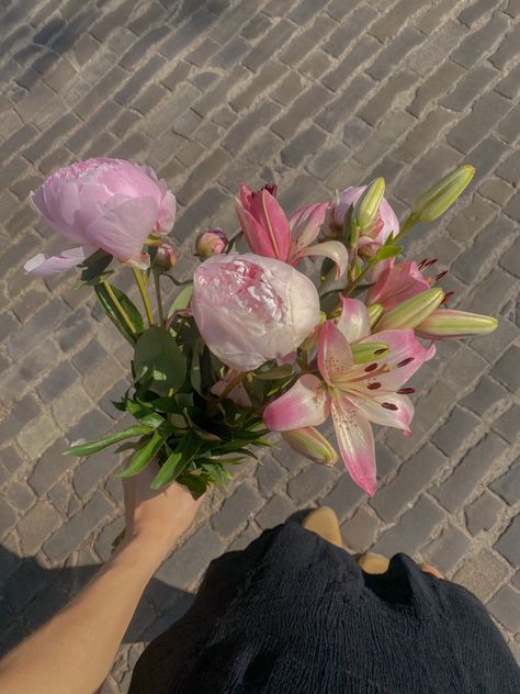 #summer #pink #lilies #peonies #bouquet #decor #gift #ideas Peony And Lily Bouquet, Peonies And Lilies Bouquet, Peony And Tulip Bouquet, Lily Bouquet Aesthetic, Buying Flowers For Yourself, Lilies Bouquet, Pink Peonies Bouquet, Lilies Flowers, Pink Lilies