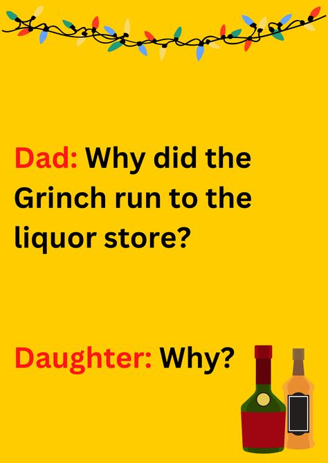 Dad joke about Grinch running to the liquor store, on a yellow background. The image has text and emoticons. Grinch Jokes Hilarious, New Years Dad Jokes, Holiday Dad Jokes, Grinch Jokes, Christmas Jokes Hilarious, Christmas Jokes For Adults, Christmas Dad Jokes, Dirty Christmas Jokes, Xmas Jokes