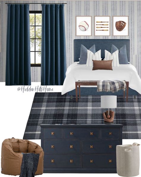 Simental Upholstered Standard Bed curated on LTK Navy Boys Room, Vintage Sports Bedroom, Boys Baseball Bedroom, Boys Bedroom Curtains, Sports Themed Bedroom, Sports Room Boys, Boys Room Blue, Boy Sports Bedroom, Baseball Bedroom