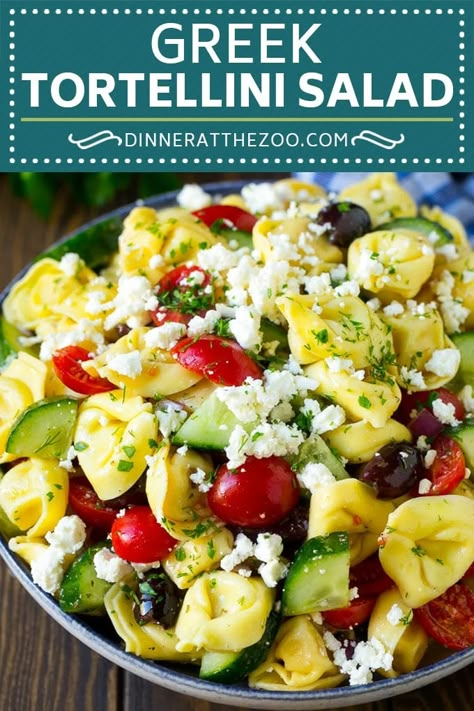 Greek Tortellini Salad Recipe | Pasta Salad | Tortellini Salad | Greek Salad #greek #tortellini #pasta #salad #cucumbers #olives #dinner #dinneratthezoo Feta Salads, Cheese Tortellini Salad, Salad Tortellini, Greek Tortellini, Orzo Salat, Greek Tortellini Salad, Pesto Orzo, Salad Greek, Feta Pasta Salad