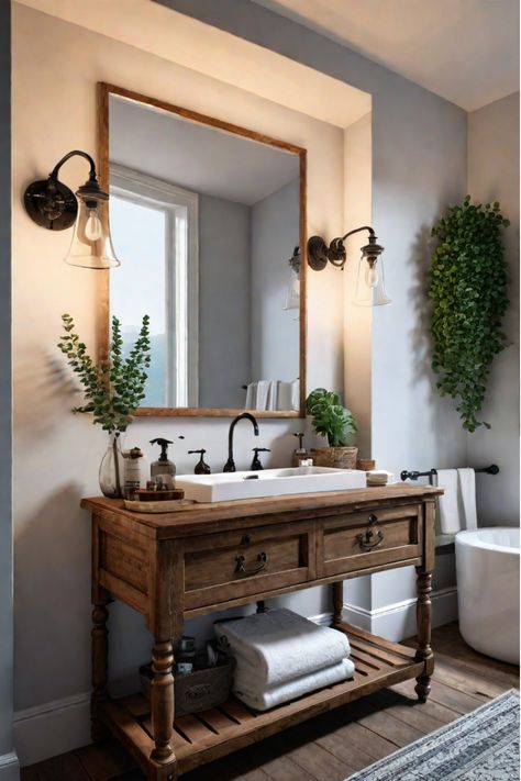 A beautifully renovated bathroom with a modern sink and vanity Table Sink Vanity, Wooden Top Bathroom Vanity, Off Center Vanity Sink, Bathroom Vanity Sink, Apothecary Bathroom, Concrete Vanity Top, Concrete Vanity, Bathroom Sink Design, Bathroom Vanity Designs