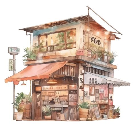 Cafe Exterior Design Drawing, Japanese Cafe Drawing, Japanese Cafe Exterior, Japanese Shop Drawing, Cat Cafe Exterior, Japanese Bloxburg, Watercolor Furniture, Japanese Book Store, Japanese Cafe Interior