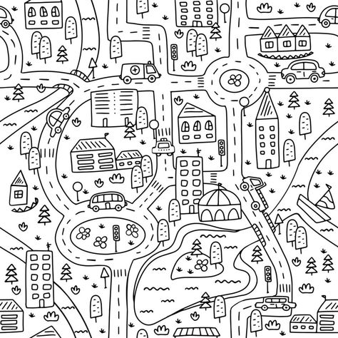 Town Map, Clipart Black And White, Hand Drawn Vector, Illustrated Map, Black And White Illustration, Seamless Pattern Vector, Vector Photo, Small Town, Small Towns