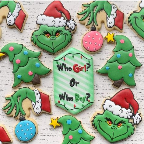 Grinch Gender Reveal, Christmas Cookies Grinch, Grinch Baby, Christmas Gender Reveal, Grinch Cookies, Gender Reveal Cookies, Grinch Christmas Party, Gender Reveal Themes, The Grinch Stole Christmas