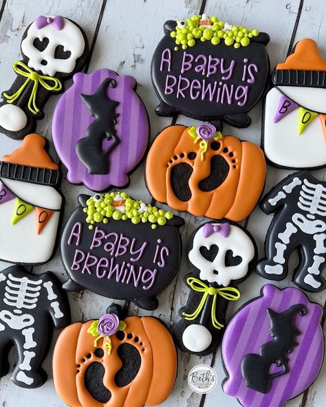 A baby is brewing! 💀🍼 . I am loving this purple! 💜 . Flavor: chocolate . . . #halloweenbabyshowercookies #babyshowercookies… | Instagram Halloween Shower Ideas, Baby Bottle Cookies, Little Boo Is Almost Due, October Baby Showers, Halloween Gender Reveal, Gender Reveal Cookies, Halloween Baby Shower Theme, October Baby, Baby Cookies