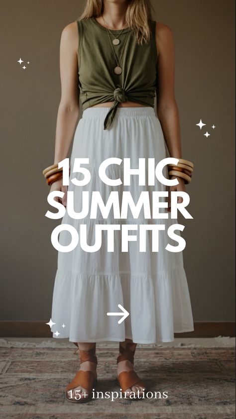 Chic Summer Outfits,woman in tiered maxi skirt outfit Classy Casual Outfits Chic Summer, Modest Casual Outfits Summer, Summer 2025 Outfits, Preppy Beach Outfits, Fashion Inspo Outfits Summer, Outfits Warm Weather, Utility Romper, Winter Outfits For School, Summer School Outfits