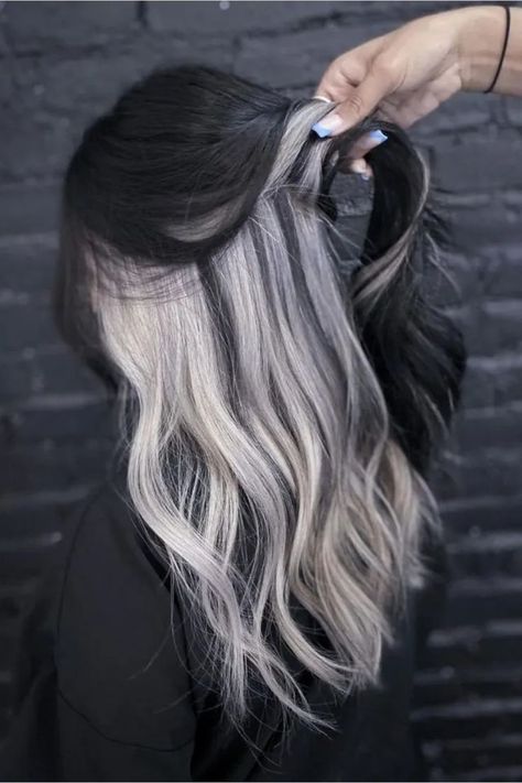 Black Hair With Platinum Gray Underdye White Balayage, Hair Color Ideas Balayage, Blonde Underneath Hair, Underdye Hair, White Ombre Hair, Black And Silver Hair, Silver Ombre Hair, Blonde Underneath, Two Color Hair