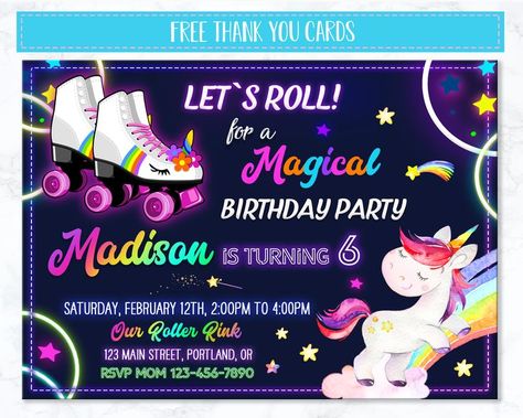 Rainbow Unicorn Party, Unicorn Birthday Invitation, Skating Party, Roller Rink, Free Thank You Cards, Unicorn Birthday Invitations, Skating Rink, Girl Rainbow, Roller Skate