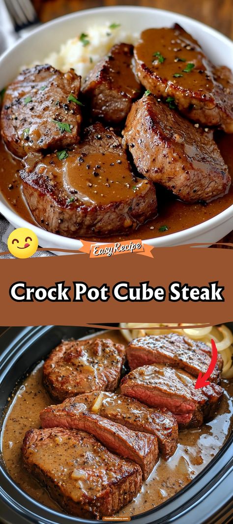 Easy Crock Pot Cube Steak via @recipesforfamily12 Crock Pot Cube Steak Recipe, Crock Pot Cubed Steak Recipes, Cubed Steak Recipes Easy, Crockpot Dairy Free, Cube Steak Crock Pot Recipes, Crock Pot Cube Steak, Beef Cube Steak Recipes, Cube Steak Recipe, Crockpot Steak Recipes