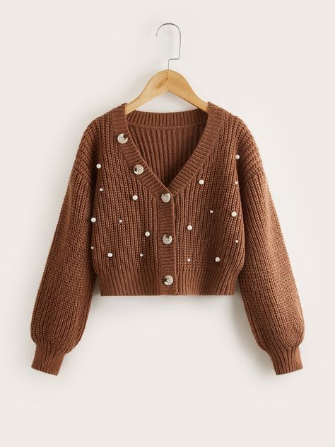 Brown Casual  Long Sleeve Acrylic Plain Cardigan Embellished Slight Stretch Spring/Fall Girls Clothing Brown Crochet Cardigan, Sweaters For Girls, Onam Outfits, Cotton Suit Designs, Easy Sweater Knitting Patterns, Crochet Sweater Design, Sweater Sets, Plain Cardigan, Shoulder Cardigan