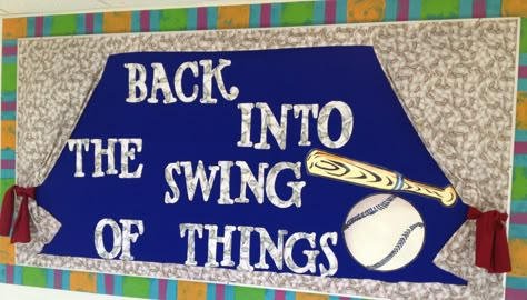 Baseball Theme Board-Back into the Swing of Things Baseball Classroom, Sports Bulletin Boards, School Sports Theme, School Year Themes, School Wide Themes, Sports Theme Classroom, Team Theme, Theme Board, Sports Classroom