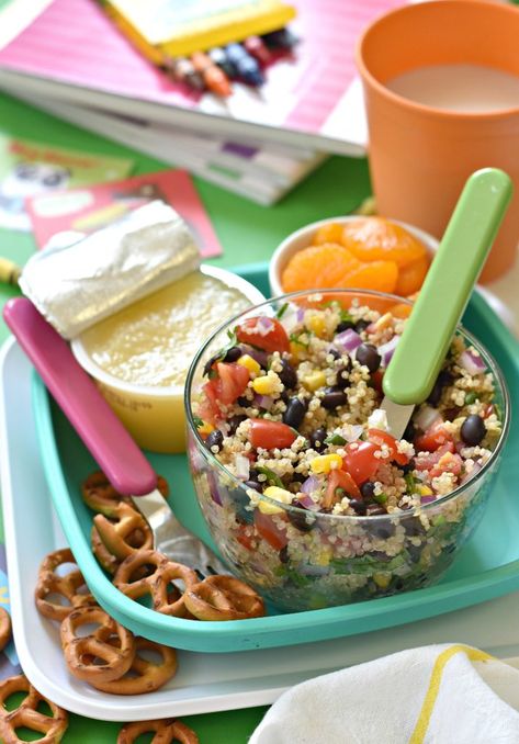 Lunchbox Black Bean Quinoa Salad - Fork and Beans Black Bean Quinoa Salad, Bean Quinoa Salad, Packed Lunch Ideas, Diet Lunch Ideas, Lunch Ideas For Kids, Plant Based Lunch, Vegan Kids Recipes, Black Bean Quinoa, Breakfast Low Carb