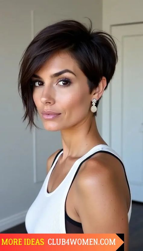 23 Top Fall 2024 Haircuts for Women Over 30: Stylish and Sophisticated Pixie Cut With Long Side Swept Bangs, Asymetrical Haircut Edgy Pixie, Longer Pixie Haircut For Thick Hair, Sassy Pixie Haircut, Brown Pixie Hair, Asymetrical Haircut, Asymmetrical Pixie Cuts, Longer Pixie Haircut, Pixie Haircut For Thick Hair