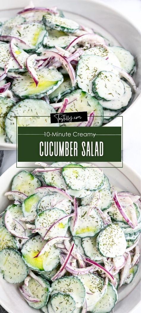 10-Minute Creamy Cucumber Salad Vinager Cucumber Salad Recipes, Seasoned Cucumbers, Cucumber Dishes, Best Cucumber Salad, Healthy Cucumber Salad, Pickle Salad, Pickled Cucumber Salad, Thai Cucumber Salad, Easy Cucumber Salad