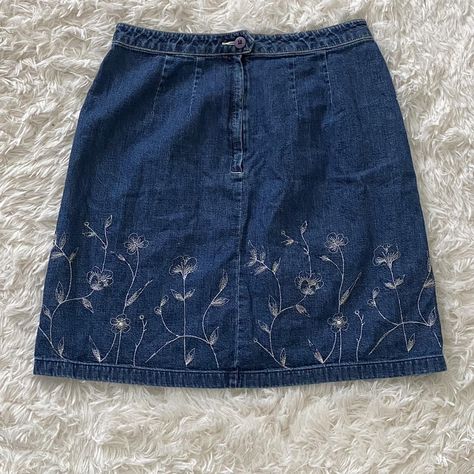 AnnTaylor - Denim Embroidered Flower Skirt 2nd... - Depop Embroidered Jean Skirt, Embroidered Denim Skirt, Embroidery Skirt, Flower Skirt, Embroidered Jeans, Embroidered Denim, Jean Skirt, Embroidered Flowers, Denim Skirt