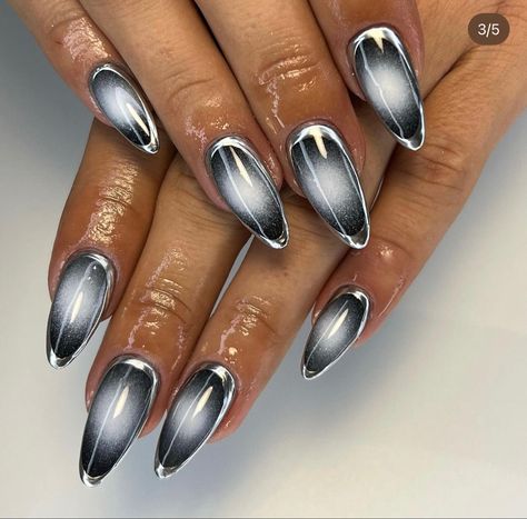 Black And Gray Aura Nails, Gray Aura Nails, Silver Aura Nails, Gray And Silver Nails, Gray Nails With Design, Graphic Nail Designs, Black Aura Nails, Gray Nail Designs, Silver Nail Designs