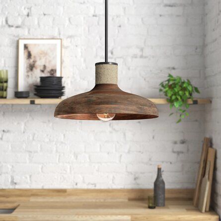 Steelside™ Dubai 1 - Light Single Dome Pendant | Wayfair Dark Pewter, Wood Pendant Light, Rustic Lodge, Lighting Products, Lantern Pendant, Solid Mango Wood, Wood Accents, Sloped Ceiling, Brown Wood