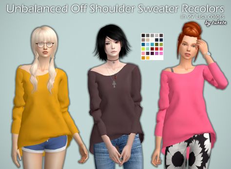 My Sims 4 Blog: Off Shoulder Sweater in 27 Recolors by Tukete Over The Shoulder Shirt, 4 Hairstyles, Sims 2 Hair, Sims 4 Blog, One Shoulder Shirt, Cc Clothes, Off Shoulder T Shirt, Off Shoulder Shirt, Sims 4 Update