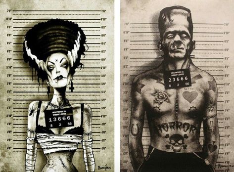 Booked tattooed Frankenstein & his Bride Frankenstein And His Bride, Frankenstein Bride, Frankenstein Art, Arte Punk, Horror Tattoo, Frankenstein's Monster, Desenho Tattoo, Monster Mash, Bride Of Frankenstein