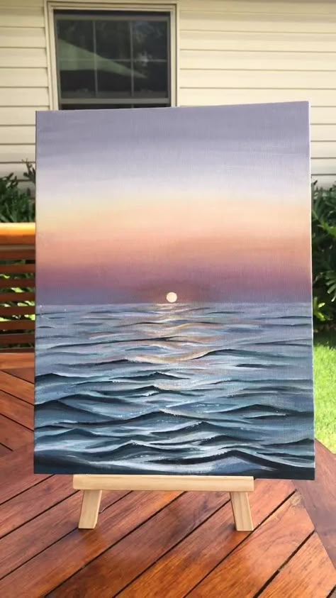 Sunset In Ocean Painting, Sunset On Water Painting Acrylic, Beach Water Painting, Water Sunset Painting, Sunset And Ocean Painting, Small Beach Paintings, Sea Water Painting, Ocean Easy Painting, Realistic Water Painting