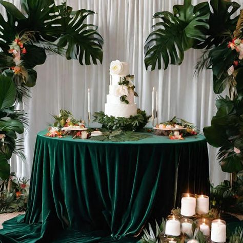 Emerald Elegance: 120 Inch Round Crushed Velvet Tablecloth Dark Green Table Cloth, Green Tablecloth Wedding, Tropical Luxe, Velvet Tablecloth, Tropical Wedding Decor, Tropical Luxury, Colors Of Nature, Round Tables, Green Table