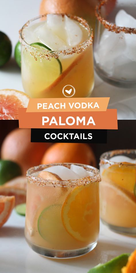 Peach Vodka Paloma Cocktails - BriGeeski Peach Mango Vodka Drinks, Paloma Cocktail Vodka, Paloma Cocktail With Vodka, Drinks With Peach Vodka, Vodka Paloma Cocktail, Peach Paradise Cocktail, Peach Paloma Cocktail, Fresh Peach Cocktail, Peach Syrup Cocktail