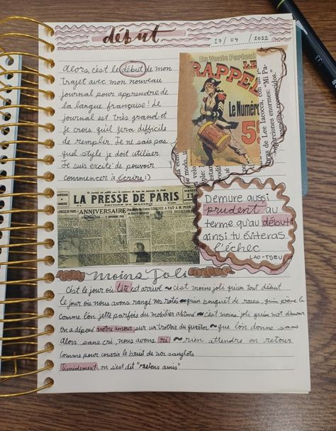 Scrapbook style language learning journal page Language Learning Journal Layout, Language Journal Aesthetic, Language Journal Layout, Language Learning Aesthetic, Language Learning Journal, Learning Diary, Style Language, Learning Aesthetic, French Journal