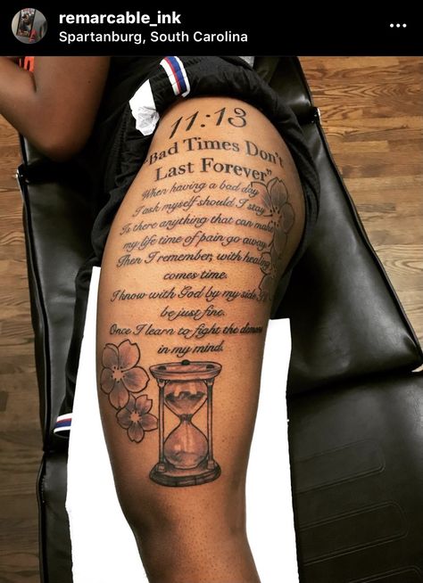 Tattoos For Black Skin Thigh, Leg Tattoos Women With Meaning, Meaningful Thigh Tattoos For Women Quotes, Thigh Paragraph Tattoo, Thigh Phrase Tattoos Women, Motivational Thigh Tattoos, Front Thigh Quote Tattoo Women, Thigh Tat Quotes, Calf Muscle Tattoo For Women