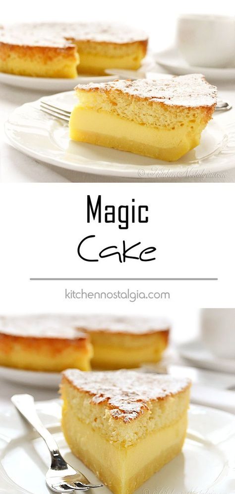 Nostalgia Recipes, Vanilla Magic Custard Cake, Vanilla Custard Cake, Magic Cake Recipes, Kitchen Nostalgia, Magic Custard Cake, Custard Cake Recipes, Easy Magic, Custard Cake