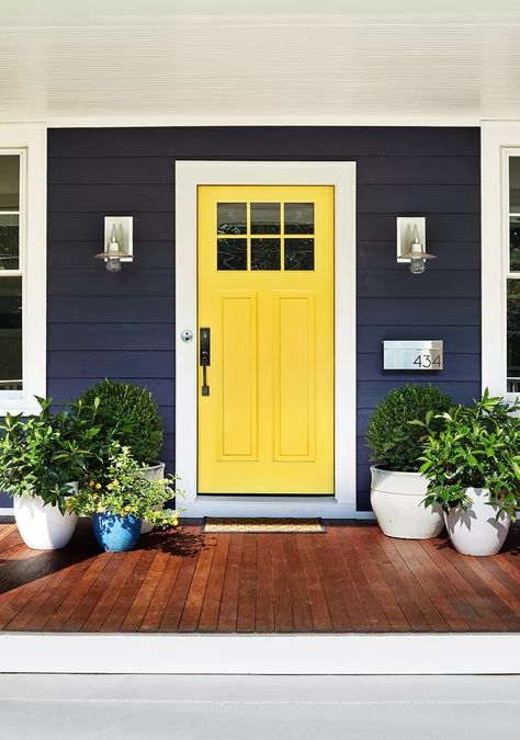 Blue House Door Color Ideas, Sherwin Williams Yellow, Bold Front Door Colors, House Doors Colors, Painting Your Front Door, Front Door Yellow, Bold Front Door, Yellow Front Door, Purple Front Doors