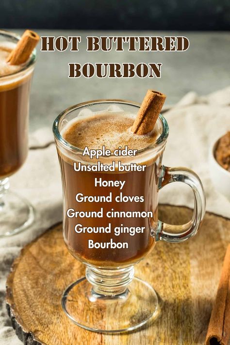 Hot buttered bourbon in a heat-resistant glass mug with a cinnamon stick, giving off a cozy, rich look for winter nights. Hot Buttered Bourbon, Hot Bourbon Drinks, Warm Boozy Drinks, Warm Whiskey Cocktails, Winter Bourbon Cocktails, Warm Whiskey Drinks, Buttered Bourbon, Yum Drinks, Bourbon Apple Cider