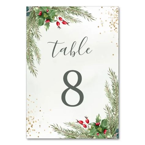 Beautiful wedding table numbers featuring hand-painted botanical watercolor illustrations of winter greenery, pine and spruce branches, cones and holly berries with gold glitter. Perfect choice for winter or Christmas holiday themed weddings. Rustic Wedding Table Runners, Christmas Wedding Table, Wedding Table Layouts, Long Table Wedding, Wedding Table Cards, Fall Wedding Tables, Table Arrangements Wedding, Winter Greenery, Wedding Table Linens