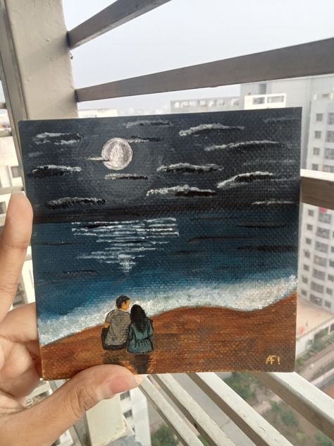 Couple on a moonlit night, seating in a sea beach. Acrylic painting Night Beach Painting Acrylic, Gift Painting Ideas Boyfriend, Paintings For Boyfriends Birthday, Canvas Painting To Gift Boyfriend, Long Distance Relationship Painting, Aesthetic Couple Painting, Paintings To Make For Boyfriend, Couple On Beach Painting, Paintings For Anniversary