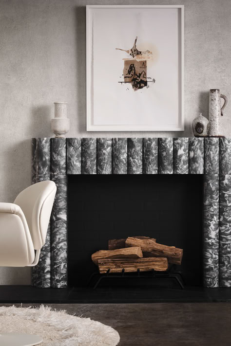 Living space with black and white marble fireplace, artwork hanging above the fireplace mantel, and decor on the fireplace mantel. Art Deco Fireplace, Contemporary Houses, Ann Sacks Tiles, Ann Sacks, Stone Products, Inside Design, Ranch House Plans, Home Fireplace, Marble Fireplaces