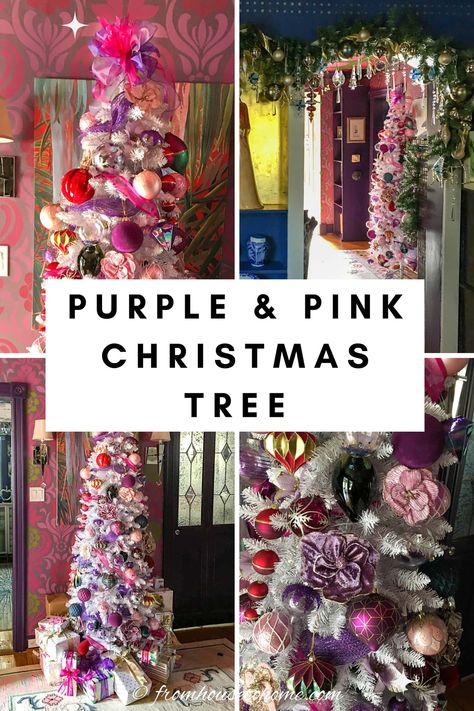 Festive pink and purple Christmas tree. Pink And Purple Christmas Tree Ideas, Fuschia Christmas Tree, Pink And Purple Christmas Decor, Pink And Purple Christmas Tree, Christmas Pictures With Lights, Purple Christmas Tree Decorations, Purple Christmas Decorations, Floral Christmas Tree, Purple Christmas Tree