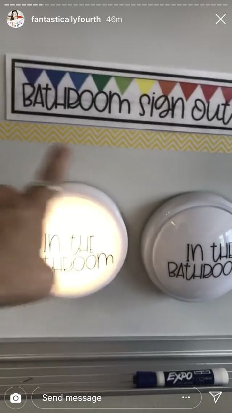 Alternative to bathroom passes. Kids write their name above the light. Bathroom Passes For Classroom Diy, Elementary Bathroom Passes, Kindergarten Bathroom Decor, Bathroom Monitoring Classroom, Class Bathroom Pass Ideas, Ict Classroom Setup, Classroom Alternative Lighting, Classroom Bathroom Passes, Alternative Classroom Lighting