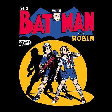 Bat Man with Robin t-shirt Retro Stranger Things Poster, Poster Prints Stranger Things, Stranger Things Comic Poster, Stranger Things Comics Art, Stranger Things Vintage Poster, Stranger Things Room Ideas, Dart Stranger Things, Stranger Things Tattoo Ideas, Stranger Things Posters