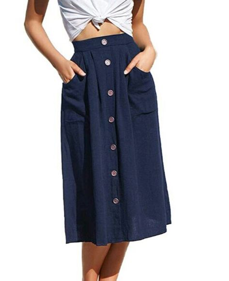 Price:$18.99 Button Midi Skirt, Midi Skirt Casual, Polka Dot Midi Skirt, Midi Skirt With Pockets, Solid Skirt, Skirts Midi High Waisted, Linen Casual, Skirt With Pockets, Crop Top Shirts