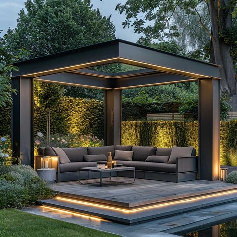 Garden Ideas With Pergola, Garden Gazebo Ideas, Minimalist Backyard, Modern Garden Ideas, Wooden Garden Gazebo, Garden Slabs, Rooftop Patio Design, Modern Gazebo, Gazebo Ideas