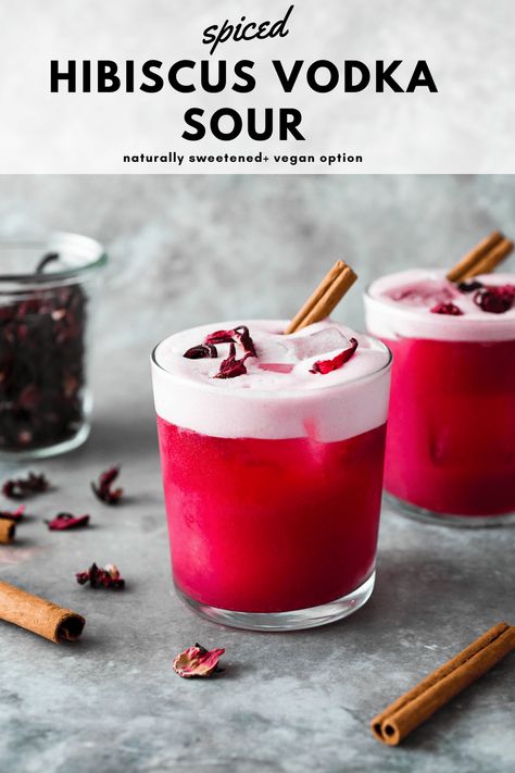 This spiced hibiscus vodka sour recipe is a fun and festive twist on a classic vodka sour cocktail. Floral, laced with notes of cinnamon + ginger, and perfectly sweet tart for an easy make at home cocktail. Naturally sweetened! #cocktailrecipe #homebartender #vodkasour #naturallysweetenedcocktail Vodka Sour Recipe, Hibiscus Cocktail, Hibiscus Drink, Vodka Sour, Vodka Cocktails Recipes, Cocktail And Mocktail, Sour Cocktail, Citrus Juice, Sweet Tart