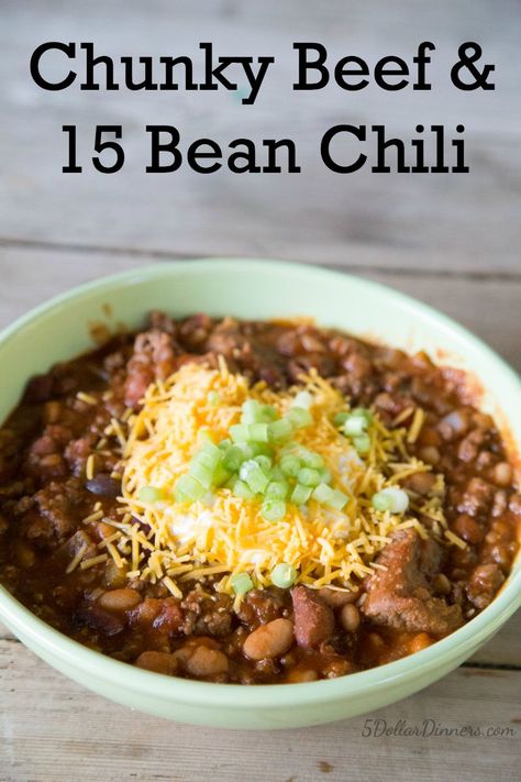 Recipe for Chunky Beef & 15 Bean Chili 15 Bean Chili, Easy No Bean Chili, Chili Bean, 15 Bean Soup, Bean Chili Recipe, Soups Stews Chilis, Chili Soup, Bean Chili, Beef Chili