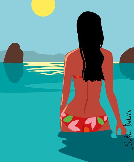 Beach Vector, Art Plage, Summer Portrait, Vector Art Design, Raster To Vector, Surreal Artwork, Beach Illustration, Girly Wall Art, Tableau Art