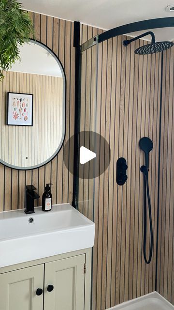 Lily Sawyer Interiors on Instagram: "ad 💦🐚🚿🚽WATCH TILL THE END There was only one solution to my shower room problem without tiling - naturepanel_uk. It’s the slat wood panel that’s 100% waterproof, easy to clean as it’s virtually flat and quick to install. It goes straight onto walls and the panels are joined together with a clever hydrolock joint system to ensure watertightness. It’s a revolutionary innovation! I’ve put it in my shower cubicle for a seamless look. For the floor, I went with @multipanel_it Rimini which is a textured luxury vinyl that mimics the natural beauty of stone with easy interlocking assembly - no adhesive required. I’m over the moon with the result and we are finally 100% waterproof - without having to go down the tiling route! Phew!😅Check out Naturepanel and Acoustic Panels Bathroom, Bathroom Slat Wall, Slat Wood Panel, Waterproof Bathroom Wall Panels, Wood Panel Bathroom, Timber Wall Panels, Shower Cubicle, Timber Walls, Wood Cladding