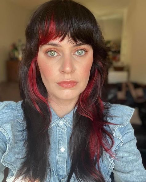 Shag With Color Block, Coloured Bangs Hair, Color Strands In Hair, Color Block Brunette, Color Blocked Bangs, Color Block Hair Brunette, Red Color Block Hair, 2024 Haircolor, Color Blocked Hair