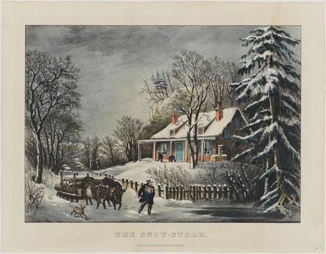 “ The Snow-Storm. Currier & Ives,1865. Museum of the City of New York. ” Courier And Ives, Americana Art, Vintage Christmas Greeting Cards, Early Winter, Currier And Ives, Old Frames, Snow Storm, Decorating With Pictures, Color Print